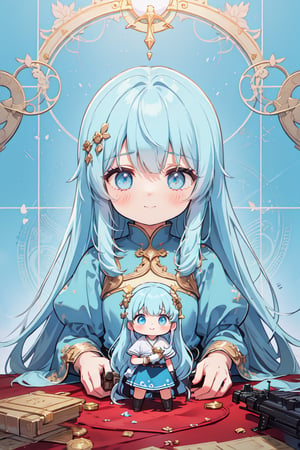 masterpiece, best quality, extremely detailed, (illustration, official art:1.1), 1 girl ,(((( light blue long hair)))), ,(((( light blue long hair)))),light blue hair, , long hair ((blush)) , cute face, masterpiece, best quality,(((((a very delicate and beautiful girl))))),Amazing,beautiful detailed eyes,blunt bangs((((little delicate girl)))),(((tareme))),droopy eyes.(true beautiful:1.2), sense of depth,dynamic angle,,,, affectionate smile, (true beautiful:1.2),,(tiny 1girl model:1.2),)(flat chest),One girl、Dynamic configuration、[17277fbe68],He threatened Hideo.、high quality、Maximum details、(((最high quality、最高masterpiece、Official Art、最高のDynamic configuration)))、、(Tabletop, 最high quality), Very detailed, Anime Style, Concept Art、whole body, (masterpiece), 最high quality, Fantasy art,whole body、masterpiece、最high quality、(colorful)、（Beautifully detailed eyes and face）、Cinema Lighting、Extremely detailed CG、Super huge、whole body、wallpaper、Dress with weapons in Wonderland, (((Everybody wears red ))), Ammunition belt, gun, machine gun, gatling gun, hand gun,weapons,Barren Land、White Background、