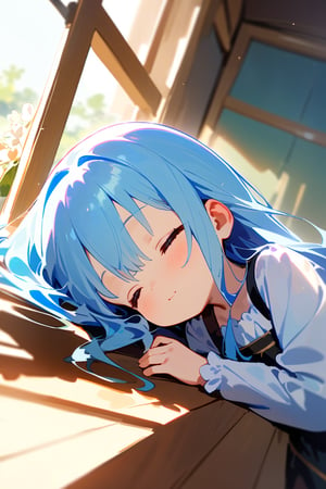 (((( light blue long hair)))),((((little delicate girl)))), 1 girl ,tiny 1girl ,young, 1girl, solo beautiful , sleeping , happy, peaceful, dutch angle, sunlight, windows, shadows masterpiece, best quality, high quality,
