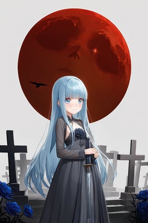 masterpiece, best quality, extremely detailed, (illustration, official art:1.1), 1 girl ,(((( light blue long hair)))), ,(((( light blue long hair)))),light blue hair, , long hair ((blush)) , cute face, masterpiece, best quality,(((((a very delicate and beautiful girl))))),Amazing,beautiful detailed eyes,blunt bangs((((little delicate girl)))),(((tareme))),droopy eyes.(true beautiful:1.2), sense of depth,dynamic angle,,,, affectionate smile, (true beautiful:1.2),,(tiny 1girl model:1.2),)(flat chest), A beautiful anime-style girl with long,,(((detailed)))Blue Eyes,Transparent hair,Face of Sadness,Sad beautiful girl,(((detailed)),(((detailed)))A beautiful immoral girl in a provocative black and grey dress,,(((detailed)))Full Body Shot,Crow,(((detailed)))dead tree,fog,Red Moon,Mysterious Flower,graveyard of darkness。, holding katana, , holding sword
