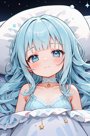 masterpiece, best quality, extremely detailed, (illustration, official art:1.1), 1 girl ,(((( light blue long hair)))), ,(((( light blue long hair)))),light blue hair,loli, long hair ((blush)) , cute face, , masterpiece, best quality,(((((a very delicate and beautiful girl))))),Amazing,beautiful detailed eyes,blunt bangs((((little delicate girl)))),tareme(true beautiful:1.2), sense of depth,dynamic angle,,,, affectionate smile, (true beautiful:1.2),,(tiny 1girl model:1.2),)(flat chest), complex background, wishing star background, a magical scene with shining stars and dreamlike elements, conveying the idea that the magic of Christmas awakens sleeping dreams. Make sure the elements give a dreamy feel. in bed, There are a lot of pillows, dreamy, comfortable, night time, crescent moon, Quiet nights,Comfortable beds,Cosy bedroom,Serene expression,Lightweight dressing gown,gentlesoftlighting,dreamlike scenes,Cloud-like pillows,Starry curtain, portrait、 ☁🌙, ,Embryo,Sleep comfortably, Sleeping Girl,nightcore, Anime girl sleeping with cat in clouds with stars,
,pure sleep, (wide shot, white background