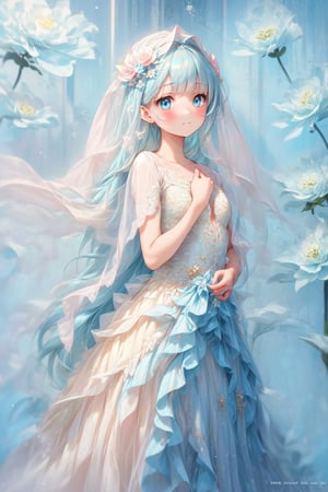 masterpiece, best quality, extremely detailed, (illustration, official art:1.1), 1 girl ,(((( light blue long hair)))), ,(((( light blue long hair)))),light blue hair, ,10 years old, long hair ((blush)) , cute face, big eyes, masterpiece, best quality,(((((a very delicate and beautiful girl))))),Amazing,beautiful detailed eyes,blunt bangs((((little delicate girl)))),tareme(true beautiful:1.2), sense of depth,dynamic angle,,,, affectionate smile, (true beautiful:1.2),,(tiny 1girl model:1.2),)(flat chest),((Finest quality)),(超A high resolution),(ultra-detailliert),(Meticulous portrayal),((Best Anime)),(Finest works of art),Ultra-Precision Art,The art of astounding depiction,intricate fantasy art:1.5, (1人の女性:1.5),,((bride:1.5)),(Pure White Wedding Dresses),((veils:1.5)),Intricate and detailed lace, stain glass, Blessings of Angels:1.3
,light,floral dress、Lilies on the background,Transparent Glass Flowers,giant_flower
