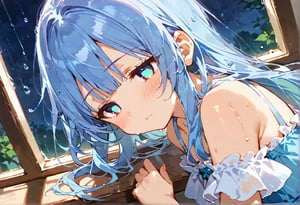 masterpiece, best quality, extremely detailed, (illustration, official art:1.1), 1 girl ,(((( light blue long hair)))), ,(((( light blue long hair)))),light blue hair, , long hair ((blush)) , cute face,half close eye, masterpiece, best quality,(((((a very delicate and beautiful girl))))),Amazing,beautiful detailed eyes,blunt bangs((((little delicate girl)))),(true beautiful:1.2), sense of depth,dynamic angle,,,(((tareme))), (true beautiful:1.2),,(tiny 1girl model:1.2)(flat chest) 、Upper body close-up（((masterpiece), Perfect face, beautiful eyes, clean facial features, she sits by the window in a dark room,  the rain pouring outside. Her expression carries a sense of loneliness and quiet reflection, with soft light from the window faintly illuminating her face(((. The raindrops sliding down the glass seem , emotions, )))creating a melancholy and serene atmosphere throughout the scene."、(((((looking down,looking away,Look away))))),empty eyes	、,Intricate details,Extremely detailed,Outstanding intricacies,(Masterpiece:1.2),(Best quality:1.2),(Absurdres absolutely resolution:1.4)、wide vew