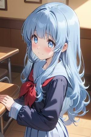 masterpiece, best quality, extremely detailed, (illustration, official art), 1 girl ,(((( light blue long hair)))), ,(((( light blue long hair)))),light blue hair, , long hair ((blush)) , cute face, masterpiece, best quality,(((((a very delicate and beautiful girl))))),Amazing,beautiful detailed eyes,blunt bangs((((little delicate girl)))),tareme,(true beautiful:1.2), sense of depth,dynamic angle,,,, affectionate smile, (true beautiful:1.2),,(tiny 1girl model:1.2),)(flat chest) , 、Sailor suit、(masterpiece,high-quality,ultra detailed,8K,UHD,high-resolution,perfect anatomy,ultra complex and detiled),(little girl, petite:1.1),school students enjoying their lunch in a crowded cafeteria、 Delicate and beautiful anime face、Clear Eyes、Sailor suit、 light blue Braided long hair beautiful girl、, anime,loli face,younge ,14yo,(((( light blue long hair)))),Best Quality,High resolution, young,, realistic shadows, anime screencap,