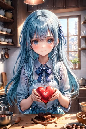 flat chest,masterpiece, best quality, extremely detailed, (illustration, official art:1.1), 1 girl ,(((( light blue long hair)))), light blue hair, , blunt bangs,10 years old, long hair ((blush)) , cute face, big eyes, masterpiece, best quality,(((((a very delicate and beautiful girl))))), small Girl,Amazing,beautiful detailed eyes,blunt bangs((((little delicate girl)))),tareme(true beautiful:1.2), ,,, affectionate smile,(8K, Raw photography, top-quality, ​masterpiece:1.2),Valentine's Day Preparation: An anime character in a cozy, warmly lit kitchen, surrounded by ingredients and utensils for making chocolates. The character is focused on pouring melted chocolate into heart-shaped molds, with ribbons, wrapping paper, and small cards scattered around, suggesting the preparation of personalized gifts. The ambiance is one of anticipation and joy, as the character prepares these tokens of affection.
,breakdomain