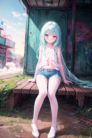 (masterpiece, best quality, extremely detailed, absurdres)), masterpiece, best quality, extremely detailed, (((light blue long hair))), long hair cute anime faces, detailed light, parted lips, shiny, beautiful detailed face, long hair, pale long hair, smile, looking at viewer, jewelry, lips, beautiful, expressive face, 1girl, solo, flat chest, blush, bangs, super fine illustration, 8k wallpaper, (photo background: 1.3), beautiful, (vivid: 1.4), colorful lighting, breathtaking beauty, breathtaking art, (anime style: 1.3),raw photo,masterpiece, award winning, (abandoned amusement park:1.3), overgrown, misty morning, rusty roller coaster, faded colors, eerie silence,BREAKurban exploration, decay,full body, nature reclaiming, plant growth,evening, sunset,An abandoned amusement park at dusk, with rusting roller coasters and silent merry-go-rounds, overtaken by nature and crawling with ais-spiderz, creating a hauntingly beautiful yet eerie scene 、smile, happy、In an anime style, 1girl,blue eyes, wearing plain white tank top, denim shorts, garter belts, city, absurdres, high res, ultrasharp, 8K, masterpiece, looking at viewer,, tareme,Almond eye,loli,cuteloli