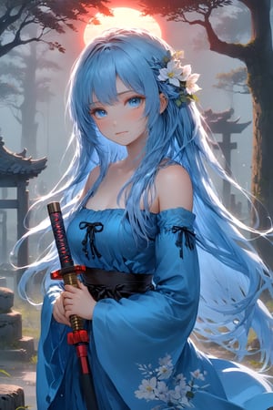 masterpiece, best quality, extremely detailed, (illustration, official art:1.1), 1 girl ,(((( light blue long hair)))), ,(((( light blue long hair)))),light blue hair, , long hair ((blush)) , cute face, masterpiece, best quality,(((((a very delicate and beautiful girl))))),Amazing,beautiful detailed eyes,blunt bangs((((little delicate girl)))),(((tareme))),droopy eyes.(true beautiful:1.2), sense of depth,dynamic angle,,,, affectionate smile, (true beautiful:1.2),,(tiny 1girl model:1.2),)(flat chest), A beautiful anime-style girl with long,,(((detailed)))Blue Eyes,Transparent hair,Face of Sadness,Sad beautiful girl,(((detailed)),(((detailed)))A beautiful immoral girl in a provocative black and grey dress,,(((detailed)))Full Body Shot,Crow,(((detailed)))dead tree,fog,Red Moon,Mysterious Flower,graveyard of darkness。, holding katana,  , holding sword