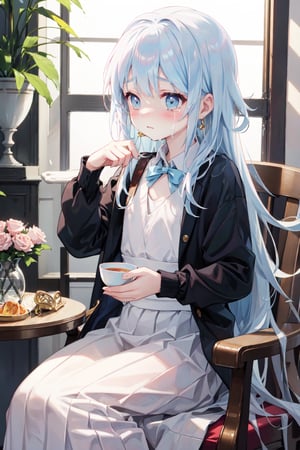 masterpiece, best quality, extremely detailed, (illustration, official art:1.1),,(((( light blue long hair)))),,((blush)) , cute face, masterpiece, best quality,(((((a very delicate and beautiful girl))))),Amazing,beautiful detailed eyes,blunt bangs((((little delicate girl)))),(((tareme))),droopy eyes.(true beautiful:1.2), sense of depth,dynamic angle,,,, (true beautiful:1.2),,(tiny 1girl model:1.2),)(flat chest),(masterpiece:1.2), best quality,PIXIV,flot, 1girl, solo, sitting, long hair, flower, chair, food, pink flower, cup, holding, long sleeves, pink skirt, rose, skirt, jacket, table, rose, indoors, blush, bangs, plant, holding cup, earrings　Focus, profile, , long skirt, vase、looking away,tears