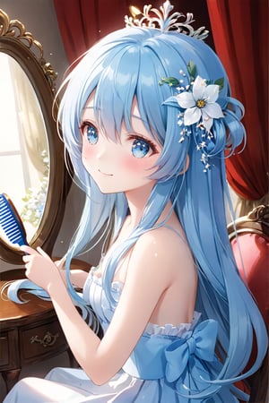 masterpiece, best quality, extremely detailed, (illustration, official art:1.1), 1 girl ,(((( light blue long hair)))), ,(((( light blue long hair)))),light blue hair, , long hair ((blush)) , cute face, big eyes, masterpiece, best quality,(((((a very delicate and beautiful girl))))),Amazing,beautiful detailed eyes,blunt bangs((((little delicate girl)))),tareme(true beautiful:1.2), sense of depth,dynamic angle,,,, affectionate smile, (true beautiful:1.2),,(tiny 1girl model:1.2),)(flat chest),absurderes, ultra-detailliert,,view straight on, ;D, ,Delicate beautiful face, red blush、Blue eyes, smile,happy girl, she is sitting in a chair,facing the mirror, A girl with an eye outside. (((Hairstyle comb)))、Stroking your hair, profile、(((hand on comb,Hands touching hair)))
