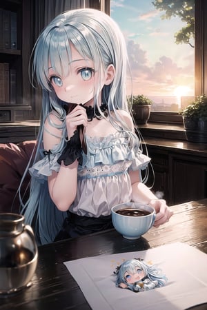 masterpiece, best quality, extremely detailed, (illustration, official art:1.1), 1 girl ,(((( light blue long hair)))), ,(((( light blue long hair)))),light blue hair, ,10 years old, long hair ((blush)) , cute face, big eyes, masterpiece, best quality,(((((a very delicate and beautiful girl))))),Amazing,beautiful detailed eyes,blunt bangs((((little delicate girl)))),tareme(true beautiful:1.2), sense of depth,dynamic angle,,,, affectionate smile, (true beautiful:1.2),,(tiny 1girl model:1.2),)(flat chest), (((masterpiece))), (((best quality))), (((ultra detailed))), sunset, Girl drinking cocoa in mug, steam rising from mug, background is room with warm atmosphere, happy, cutecore, anime deformation style cute illustration ,