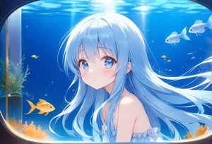 masterpiece, best quality, extremely detailed, (illustration, official art:1.1), 1 girl ,(((( light blue long hair)))), ,(((( light blue long hair)))),light blue hair, , long hair ((blush)) , cute face, big eyes, masterpiece, best quality,(((((a very delicate and beautiful girl))))),Amazing,beautiful detailed eyes,blunt bangs((((little delicate girl)))),(((tareme))),droopy eyes.(true beautiful:1.2), sense of depth,dynamic angle,,,, affectionate smile, (true beautiful:1.2),,(tiny 1girl model:1.2),)(flat chest),1 Girl, alone,Purple eyes, Long Hair, blunt bangs, bangs,(girl it look at aquarium fhish 、Dimly lit room), aquarium, Glass tunnel, sea creature, school of fish, illumination, Blue light, Aquarium, reflection, adventure, excited, Light effects, mysterious 