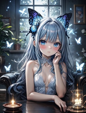 masterpiece, best quality, extremely detailed, (illustration, official art:1.1), 1 girl ,(((( light blue long hair)))), ,(((( light blue long hair)))),light blue hair, long hair ((blush)) , cute face, big eyes, masterpiece, best quality,(((((a very delicate and beautiful girl,))))),Amazing,beautiful detailed eyes,blunt bangs、((((little delicate girl)))),tareme(true beautiful:1.2), sense of depth,dynamic angle, ,Baby Face,flat chest,masterpiece, best quality,high resolution, 1 female, aldult, long hair. look_exist_audience, High, perfect stexisture, long time, Bangs, chromexistic dispersion, transparent_plastic, Polychromexistic prism effect, iris/Opalescence, glowing color, aluminum foil, glowing atmosphere,, moonlight, There are stars in the eyes, butterfly style, iris, Liuli, Polychromexistic prism effect, Rainbow core, iris/Opalescence, glowing atmosphere, Very beautiful dress,chibi