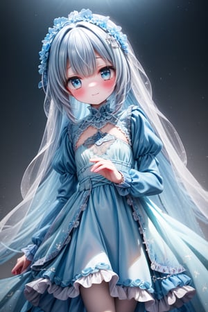 masterpiece, best quality, extremely detailed, (illustration, official art:1.1), 1 girl ,(((( light blue long hair)))), ,(((( light blue long hair)))),light blue hair, , long hair ((blush)) , cute face, masterpiece, best quality,(((((a very delicate and beautiful girl))))),Amazing,beautiful detailed eyes,blunt bangs((((little delicate girl)))),(((tareme))),droopy eyes.(true beautiful:1.2), sense of depth,dynamic angle,,,, affectionate smile, (true beautiful:1.2),,(tiny 1girl model:1.2),)(flat chest),masterpiece, best quality, 8K,,BREAK, a woman standing in the center of the scene with a gentle expression on her face against a torrent of light. She has ice blue hair and wears a light blue dress, and in her hand she holds a clear, delicate ice rose. This ice rose is in harmony with her pure presence, and a faint mist seems to be emanating from the rose. The surrounding torrent of light is dynamic and illuminates the girl's surroundings. Her smile is both gentle and serene, capturing the peace and beauty of this moment. The background is almost entirely blown white, with the light and the silhouette of the girl taking center stage
