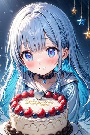 masterpiece, best quality, extremely detailed, (illustration, official art:1.1), 1 girl ,(((( light blue long hair)))), ,(((( light blue long hair)))),light blue hair, , long hair ((blush)) , cute face, masterpiece, best quality,(((((a very delicate and beautiful girl))))),Amazing,beautiful detailed eyes,blunt bangs((((little delicate girl)))),(((tareme))),happy,droopy eyes.(true beautiful:1.2), sense of depth,dynamic angle,,,, affectionate smile, (true beautiful:1.2),,(tiny 1girl model:1.2),)(flat chest),solo, blue eyes,Soft look,beautiful,beautiful,Lolita,Darkness,Lots of silver earrings,choker, White Distressed jeans, hoodie ,smile,skin,buzzer, birthday cake ,Star,heart, simple background , Blue background,
