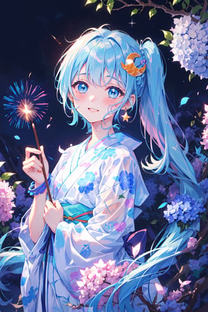 
masterpiece, best quality, extremely detailed, (illustration, official art:1.1), 1 girl ,(((( light blue long hair)))), ,(((( light blue long hair)))),light blue hair, , long hair ((blush)) , cute face, masterpiece, best quality,(((((a very delicate and beautiful girl))))),Amazing,beautiful detailed eyes,blunt bangs((((little delicate girl)))),(((tareme))),droopy eyes.(true beautiful:1.2), sense of depth,dynamic angle,,,, affectionate smile, (true beautiful:1.2),,(tiny 1girl model:1.2),)(flat chest), "A woman in a beautiful white yukata with hydrangea patterns. The obi of the yukata is pink and adorned with shining pearl accessories. The background features fireworks lighting up the dark night sky with vibrant colors, beautifully illuminating her."colored inner hair, side ponytail, hair one side up, shiny hair, wet hair, tied hair, low-braided long hair, lone nape hair, kanzashi, star hair ornament, bunny hair ornament, musical note hair ornament, multicolored eyes, aqua eyes, gradient eyes, gradient_eyes, longeyelashes, solid circle eyes, crescent earrings, glint, happy, laughing, Surrealism, anime, sparkle, 8k, super detail, UHD, accurate, masterpiece, anatomically correct, textured skin, super detail, high details, high quality, award winning, best quality, highres