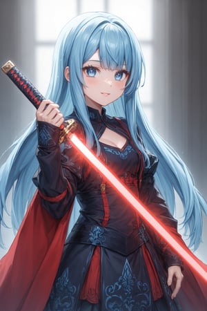 masterpiece, best quality, extremely detailed, (illustration, official art:1.1), 1 girl ,(((( light blue long hair)))), ,(((( light blue long hair)))),light blue hair, , long hair ((blush)) , cute face, big eyes, masterpiece, best quality,(((((a very delicate and beautiful girl))))),Amazing,beautiful detailed eyes,blunt bangs((((little delicate girl)))),tareme(true beautiful:1.2), sense of depth,dynamic angle,,,, affectionate smile, (true beautiful:1.2),,(tiny 1girl model:1.2),)(flat chest) ,flat color,2d,super fine illustration,{{{amazing quality}}},{{{{{ai-generated}}}},beautiful artwork style,masterpiece,best quality,very aesthetic,{{{{ultra detaile}}}},absurdres,   , holding sword,sheath on back,Aggressive movement,intense movement,loli,very serious, during the battle,full of speed, navel,{{{{{{dynamic angle}}}}}},,{{{{{ see-through Niqab}}}}},glowing eyes, , ,howl, bio lab, cyberpunk, meck hand, meck eyes,, holding katana, , {{{fighting stance}}}, , black shirt, black skirt, lace-up boots, wielding a sword, hand up,