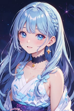 
masterpiece, best quality, extremely detailed, (illustration, official art:1.1), 1 girl ,(((( light blue long hair)))), ,(((( light blue long hair)))),light blue hair, , long hair ((blush)) , cute face, masterpiece, best quality,(((((a very delicate and beautiful girl))))),Amazing,beautiful detailed eyes,blunt bangs((((little delicate girl)))),(((tareme))),droopy eyes.(true beautiful:1.2), sense of depth,dynamic angle,,,, affectionate smile, (true beautiful:1.2),,(tiny 1girl model:1.2),)(flat chest), "A woman in a beautiful white yukata with hydrangea patterns. The obi of the yukata is pink and adorned with shining pearl accessories. The background features fireworks lighting up the dark night sky with vibrant colors, beautifully illuminating her."colored inner hair, side ponytail, hair one side up, shiny hair, wet hair, tied hair, low-braided long hair, lone nape hair, kanzashi, star hair ornament, bunny hair ornament, musical note hair ornament, multicolored eyes, aqua eyes, gradient eyes, gradient_eyes, longeyelashes, solid circle eyes, crescent earrings, glint, happy, laughing, Surrealism, anime, sparkle, 8k, super detail, UHD, accurate, masterpiece, anatomically correct, textured skin, super detail, high details, high quality, award winning, best quality, highres