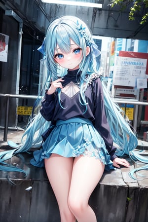 masterpiece, best quality, extremely detailed, (illustration, official art:1.1), 1 girl ,(((( light blue long hair)))), ,(((( light blue long hair)))),light blue hair, , long hair ((blush)) , cute face, big eyes, masterpiece, best quality,(((((a very delicate and beautiful girl))))),Amazing,beautiful detailed eyes,blunt bangs((((little delicate girl)))),(((tareme))),droopy eyes.(true beautiful:1.2), sense of depth,dynamic angle,,,, affectionate smile, (true beautiful:1.2),,(tiny 1girl model:1.2),)(flat chest), (masuter piece、top-quality)、(Live action、Intricate details)、(1lady、独奏、The upper part of the body、) garments: Edgy、Black jumper、Pink mini skirt、Avant-garde、、Dramatic makeup、Unconventional fashion choices behavior: Rebel、Runaway Ladies Leader、secretary-general、Black jumper、Pink mini skirt、Anti-system、Provocative Location: urban art district、Underground Music Scene Hobbies: Bad girl、Create mixed media art、Experiment with different subcultures values: individuality、authenticity、Creative Expression Inspiration: Runaway Ladies Leader、secretary-general、Counterculture icons、Nature: boldness、Unconventional。
