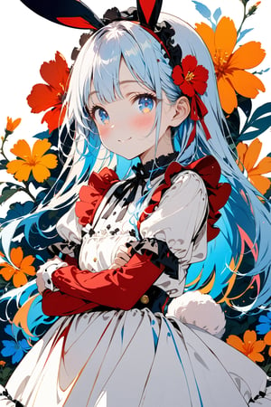  masterpiece, best quality, extremely detailed, (illustration, official art:1.1), 1 girl ,(((( light blue long hair)))), ,(((( light blue long hair)))),light blue hair, , long hair ((blush)) , cute face, big eyes, masterpiece, best quality,(((((a very delicate and beautiful girl))))),Amazing,beautiful detailed eyes,blunt bangs((((little delicate girl)))),tareme(true beautiful:1.2), sense of depth,dynamic angle,,,(((tareme))), (true beautiful:1.2),,(tiny 1girl model:1.2)(flat chest) 、masterpiece, top quality, very aesthetic, absurd, (super detailed), vivid, (nice hands, perfect hands), ideal proportions of the body, BREAK (vector outline, flat colors: 1.5), (one girl), solo, standing, (hugging white rabbit: 1.2), from the side, upper body close-up, (colorful floral background), BREAK cute girl, 18 years old, detailed blue eyes, (eye highlights), bright smile, (eyes closed: 1.2), wide open mouth, (blush all over face), floating hair, BREAK (wearing a shiny white maid: 1.2), (white rabbit ears headband and white rabbit tail), white thigh-high socks, white pumps