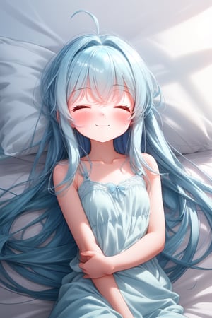 Minimalist style: pillow on your arms, close your eyes and relax, showing a romantic, relaxed and elegant beauty,(((( light blue long hair)))),((((little delicate girl)))), 1 girl ,tiny 1girl ,young, affectionate smile, ,((blush)) ,, cute face,
