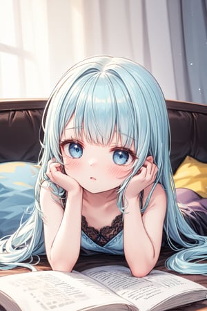(masterpiece, best quality, extremely detailed, absurdres)),, masterpiece, best quality, extremely detailed, (((light blue long hair))), long hair cute anime faces, detailed light, parted lips, shiny, beautiful detailed face, long hair, (((light blue long hair))), 10 years old,, 1 girl, solo, flat chest, blush, bangs, good hands, more detail, 1 girl, on stomach, lying, solo, skirt, book, bangs, blue eyes, pillow, open book, socks, sofa, reading, room, point your feet, to turn one's feet, to turn one's head

