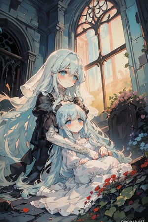 masterpiece, best quality, extremely detailed, (illustration, official art:1.1), 1 girl ,(((( light blue long hair)))), ,(((( light blue long hair)))),light blue hair, , long hair ((blush)) , cute face, masterpiece, best quality,(((((a very delicate and beautiful girl))))),Amazing,beautiful detailed eyes,blunt bangs((((little delicate girl)))),(((tareme))),droopy eyes.(true beautiful:1.2), sense of depth,dynamic angle,,,, affectionate smile, (true beautiful:1.2),,(tiny 1girl model:1.2),)(flat chest),（only one person）,Broken church,Cemetery,heavy rain,dark clouds,(Battle damage),Wedding dress,Long hair,Ghost Bride,Dark and gloomy,night,Wilted flowers,Tears