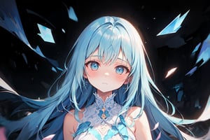 masterpiece, best quality, extremely detailed, (illustration, official art:1.1), 1 girl ,(((( light blue long hair)))), ,(((( light blue long hair)))),light blue hair, long hair ((blush)) , cute face, big eyes, masterpiece, best quality,(((((a very delicate and beautiful girl,))))),Amazing,beautiful detailed eyes,blunt bangs、((((little delicate girl)))),tareme(true beautiful:1.2), sense of depth,dynamic angle, ,flat chest, "Kindly, Create an image that represents the fusion of human thought with the supernatural realm and the vast universe. Imagine an ethereal and mysterious scene. in the center of Image, The human heart shines with a soft light, shimmering dazzling lighting. The heart seems to float in a translucent mist, Evoke a sense of mystery and transcendence. From the heart, Emits a series of projections, Each represents a unique aspect. Some projections take the form of natural elements, Like branches, Petals or dancing flames, Evoke a deep connection to the natural realm. Other projections extend into outer space, Becomes a bright constellation, Light from distant galaxies or meteors. These cosmic projections symbolize the expansion of human emotions beyond the limits of the earth, Connect the vast universe. The color palette includes shades of sky blue, Deep purple and gold, Create a magical and spiritual atmosphere. The soft light emitted from the mind and projections helps to create a feeling of peace and awe. The resulting images capture the human mind beyond the boundaries of the planet, Explore the realm of the supernatural and the universe. This fusion of man and God creates a visual narrative,Evoke the exploration of the deepest emotional connections,And expand its essence into the vast universe