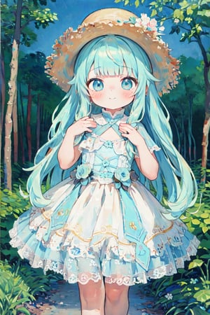 absurd, high resolution, ultra detailed, BREAK, flat chest, long hair, (((( light blue long hair)))), , 1 girl ,(((( light blue long hair)))),,((blush)) , cute face, big eyes, masterpiece, best quality,(((((a very delicate and beautiful girl))))),Amazing,beautiful detailed eyes,blunt bangs((((little delicate girl)))),(((tareme))),droopy eyes.(true beautiful:1.2), sense of depth,dynamic angle,,,, affectionate smile,(flat chest),((blushing)), clear blue eyes, french braids, BREAK, blunt bangs, walking, BREAK, sundress, sun hat, mary jane, BREAK, rich gradation, extreme colors, extreme details, clear light perception, BREAK, (Monet, impressionism, oil painting), anime characters, BREAK,梵高风格/ゴッホ スタイル/ゴッホ, (Official Art, beauty and aesthetics: 1.2), (Fractal Art: 1.3), Pastel color scheme, Most detailed,Spread your hands,Lolita Fashion、Short sleeve dress