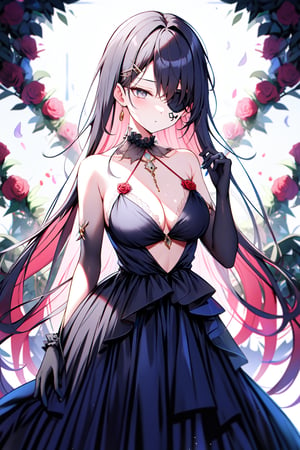 red flower, heart, grey eyes, thorns, red rose, vines, dress, looking at viewer, parted lips, bangs, black flower, black dress, gloves, holding, plant, very long hair, skeleton, ring, white background, black rose, picture frame, card, frills, black gloves, white eyes, blurry ////////, ,tomie,EYEPATCH BIKINI,Smooth hair, perfect straight hair,
