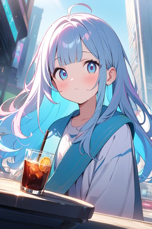 masterpiece, best quality, extremely detailed, (illustration, official art:1.1), ((( light blue long hair)))),light blue hair, , long hair ((blush)) , cute face, masterpiece, best quality,(((((a very delicate and beautiful girl))))),Amazing,beautiful detailed eyes,blunt bangs((((little delicate girl)))),(((tareme))),droopy eyes.(true beautiful:1.2), , (true beautiful:1.2),long hair,,10yo,,(tiny 1girl model:1.2),Pink and blue hair girl, soda, Inspired by 90s anime, Cyberpunk City, praise, colorful, listen to music, Pink Hair, Blue Hair、Drinking alcohol

