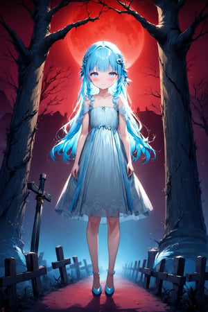 masterpiece, best quality, extremely detailed, (illustration, official art:1.1), 1 girl ,(((( light blue long hair)))), ,(((( light blue long hair)))),light blue hair, , long hair ((blush)) , cute face, masterpiece, best quality,(((((a very delicate and beautiful girl))))),Amazing,beautiful detailed eyes,blunt bangs((((little delicate girl)))),(((tareme))),droopy eyes.(true beautiful:1.2), sense of depth,dynamic angle,,,, affectionate smile, (true beautiful:1.2),,(tiny 1girl model:1.2),)(flat chest), A beautiful anime-style girl with long,,(((detailed)))Blue Eyes,Transparent hair,Face of Sadness,Sad beautiful girl,(((detailed)),(((detailed)))A beautiful immoral girl in a provocative black and grey dress,,(((detailed)))Full Body Shot,Crow,(((detailed)))dead tree,fog,Red Moon,Mysterious Flower,graveyard of darkness。, holding katana, , holding sword
