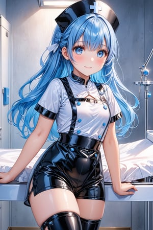 masterpiece, best quality, extremely detailed, (illustration, official art:1.1), 1 girl ,(((( light blue long hair)))), light blue hair, ,10 years old, long hair ((blush)) , cute face, big eyes, masterpiece, best quality,(((((a very delicate and beautiful girl))))),Amazing,beautiful detailed eyes,blunt bangs((((little delicate girl)))),tareme(true beautiful:1.2), young girl、masterpiece, best quality, extremely detailed,watercolor ,kawaii,,1 girl,,blush,smile,、Squint and smile、 latex black nurse, 1girl, solo, black nurse cap, black wear, ((black legwear, zettai ryouiki)), black elbow gloves, ,standing, ((surgery room)), sharp outline, short sleeves, best quality, masterpiece 、A small blue light was floating、fantastic eyes,Fronllesse Blue, A small blue light was floating、fantastic eyes、
(((black latex shorts))), (((black latex thigh high boots)))