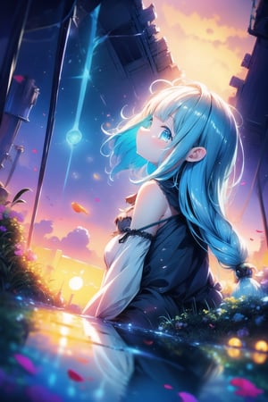 Masterpiece, best quality, extremely detailed, (illustration, official art: 1.1), (((((1 girl))))), ((light blue long hair))), light blue hair, 10 years old,  ((blush)), cute face, big eyes, tareme, masterpiece, best quality, ((a very delicate and beautiful girl)))), , loli girl,amazing, beautiful detailed eyes, blunt bangs (((little delicate girl)))), tareme (true beautiful: 1.2),, petite and sweet,(Composition looking up from a low position)、,1girl,,
post-apocalypse,retrospective,nostalgia,sense of depth,from behind,dynamic angle,in a group of ruined buildings,ruins deep in the forest,science fiction-style ruins with vines and ivy,sunset,cyberpunk,Water Reflection,small flower garden,flower petal

, ,,petite,breakdomain,Human bones,light,anime