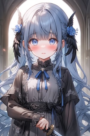 masterpiece, best quality, extremely detailed, (illustration, official art:1.1), 1 girl ,(((( light blue long hair)))), ,(((( light blue long hair)))),light blue hair, , long hair ((blush)) , cute face, masterpiece, best quality,(((((a very delicate and beautiful girl))))),Amazing,beautiful detailed eyes,blunt bangs((((little delicate girl)))),(((tareme))),droopy eyes.(true beautiful:1.2), sense of depth,dynamic angle,,,, affectionate smile, (true beautiful:1.2),,(tiny 1girl model:1.2),)(flat chest), A beautiful anime-style girl with long,,(((detailed)))Blue Eyes,Transparent hair,Face of Sadness,Sad beautiful girl,(((detailed)),(((detailed)))A beautiful immoral girl in a provocative black and grey dress,,(((detailed)))Full Body Shot,Crow,(((detailed)))dead tree,fog,Red Moon,Mysterious Flower,graveyard of darkness。, holding katana, , holding sword
