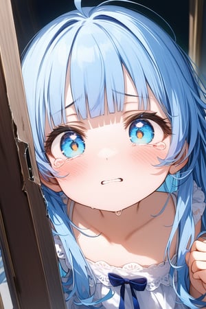 Masterpiece, best quality, extremely detailed, (illustration, official art: 1.1), (baby face:1.55)、((((1 girl)))), ((light blue long hair))), light blue hair, ,young,skinny,,,((blush)), cute face, big eyes, tareme, masterpiece, best quality, (a very delicate and beautiful girl)))), flat chest ,amazing, beautiful detailed eyes, blunt bangs (((little delicate girl)))), tareme、intricate fractured doorframe, pushing open a damaged door, fragments, sad expression, tears, beautiful, long hair, ((cracked glass lenses)), broken