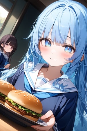 masterpiece, best quality, extremely detailed, (illustration, official art), 1 girl ,(((( light blue long hair)))), ,(((( light blue long hair)))),light blue hair, , long hair ((blush)) , cute face, masterpiece, best quality,(((((a very delicate and beautiful girl))))),Amazing,beautiful detailed eyes,blunt bangs((((little delicate girl)))),tareme(true beautiful:1.2), sense of depth,dynamic angle,,,, affectionate smile, (true beautiful:1.2),,(tiny 1girl model:1.2),)(flat chest) , 、Sailor suit、(masterpiece,high-quality,ultra detailed,8K,UHD,high-resolution,perfect anatomy,ultra complex and detiled),(little girl, petite:1.1),school students enjoying their lunch in a crowded cafeteria、