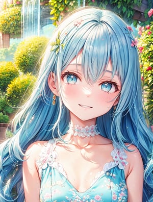 masterpiece, best quality, extremely detailed, (illustration, official art:1.1), 1 girl ,(((( light blue long hair)))), ,(((( light blue long hair)))),light blue hair, , long hair ((blush)) , cute face, masterpiece, best quality,(((((a very delicate and beautiful girl))))),Amazing,beautiful detailed eyes,blunt bangs((((little delicate girl)))),(((tareme))),droopy eyes.(true beautiful:1.2), sense of depth,dynamic angle,,,, affectionate smile, (true beautiful:1.2),,(tiny 1girl model:1.2),)(flat chest),charming fountain in a lush garden. She has a bright, cheerful smile and a confident, friendly demeanor. Her hair is long, dark, and wavy, falling gracefully around her shoulders. She is wearing a stylish cute dress with white floral patterns, similar to the one in the reference image. The dress is fitted and sleeveless, showcasing her youthful and vibrant style.

The garden around her is vibrant and green, with a variety of plants and trees, creating a serene and picturesque setting. The fountain behind her is a focal point, with water gently cascading and sparkling in the sunlight. The background includes a cozy patio area, indicating a relaxed and welcoming environment.

The overall mood of the image is bright, warm, and inviting, capturing the essence of a sunny day spent in a beautiful outdoor space.