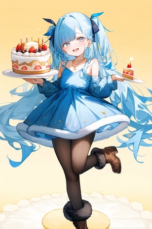 ((masterpiece, best quality, extremely detailed, absurdres)),, masterpiece, best quality, extremely detailed, ((((((light blue long hair)))))), long hair cute anime faces,detailed light,parted lips,shiny、beautiful detailed face,,longhair、(((( light blue long hair)))),,, , 1girl, solo, flat chest, blush, bangs, caramel、Perfect beautiful woman,masterpiece, best quality, ,flat chest, (flat chest),(masterpiece, best quality:1.3)

 1girl, solo, long hair, looking at viewer, blush, smile, open mouth, bangs,  long sleeves, dress, holding, twintails,  jewelry, standing, full body, heart, pantyhose, boots, food, necklace, two side up, black pantyhose, fur trim, brown footwear, standing on one leg, yellow background, plate, happy birthday, cake, birthday, fur-trimmed boots, birthday cake