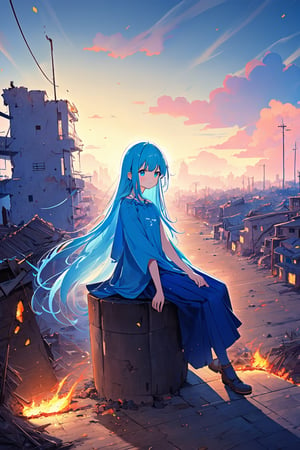 masterpiece, best quality, extremely detailed, (illustration, official art: 1.1), 1 girl, ((light blue long hair))), light blue hair, 10 years old, long hair ((blush)), cute face, big eyes, masterpiece, best quality, ((a very delicate and beautiful girl))))), amazing, beautiful detailed eyes, blunt bangs ((((little delicate girl)))), tareme,blue hairs,teens girl,toddlers,elementary student,Clothes are tattered,Loose hair,In the slums,Sit there,With tears,Ruined city in the desert,lifeless,There is no green。
gothic architecture ruins, fire burning in the sky,A place where you can see the sky,,portrait,light