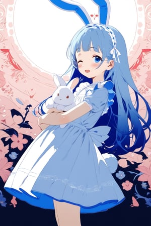 masterpiece, best quality, extremely detailed, (illustration, official art:1.1), 1 girl ,(((( light blue long hair)))), ,(((( light blue long hair)))),light blue hair, , long hair ((blush)) , cute face, big eyes, masterpiece, best quality,(((((a very delicate and beautiful girl))))),Amazing,beautiful detailed eyes,blunt bangs((((little delicate girl)))),tareme(true beautiful:1.2), sense of depth,dynamic angle,,,(((tareme))), (true beautiful:1.2),,(tiny 1girl model:1.2)(flat chest) 、masterpiece, top quality, very aesthetic, absurd, (super detailed), vivid, (nice hands, perfect hands), ideal proportions of the body, BREAK (vector outline, flat colors: 1.5), (one girl), solo, standing, (hugging white rabbit: 1.2), from the side, upper body close-up, (colorful floral background), BREAK cute girl, 18 years old, detailed blue eyes, (eye highlights), bright smile, (eyes closed: 1.2), wide open mouth, (blush all over face), floating hair, BREAK (wearing a shiny white maid: 1.2), (white rabbit ears headband and white rabbit tail), white thigh-high socks, white pumps