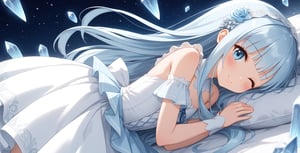 masterpiece, best quality, extremely detailed, (illustration, official art:1.1), 1 girl ,(((( light blue long hair)))), ,(((( light blue long hair)))),light blue hair, , long hair ((blush)) , cute face, masterpiece, best quality,(((((a very delicate and beautiful girl))))),Amazing,beautiful detailed eyes,blunt bangs((((little delicate girl)))),(((tareme))),droopy eyes.(true beautiful:1.2), sense of depth,dynamic angle,,,, affectionate smile, (true beautiful:1.2),,(tiny 1girl model:1.2),)(flat chest),(adolescence girl), (loli, petite), (white detailed princess dress with many frills), (close her eyes), (beautiful and detailed face), nice hands, perfect hands, (the princess lies in a peaceful slumber. She is surrounded by ice crystals, her beautiful face visible through a thin veil of ice.),(((Are sleeping,)))