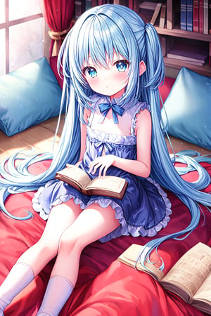 (masterpiece, best quality, extremely detailed, absurdres)),, masterpiece, best quality, extremely detailed, (((light blue long hair))), long hair cute anime faces, detailed light, parted lips, shiny, beautiful detailed face, long hair, (((light blue long hair))), 10 years old,, 1 girl, solo, flat chest, blush, bangs, good hands, more detail, 1 girl, on stomach, lying, solo, skirt, book, bangs, blue eyes, pillow, open book, socks, sofa, reading, room, point your feet, to turn one's feet, to turn one's head
