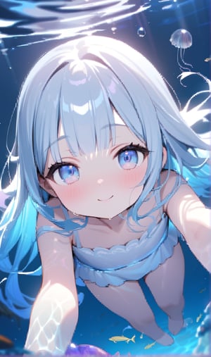 (illustration, official art:1.1), 1 girl ,((( light blue hair)))), , ((iridescent hair, half blue and half Purple hair: 1.2)),,((( light blue long hair )))),light blue hair, ,((blush)) , cute face, big eyes, masterpiece, best quality,(((((a very delicate and beautiful girl))))),Amazing,beautiful detailed eyes, blunt bangs((((little delicate girl)))),(((tareme))),droopy eyes.(true beautiful:1.2), sense of depth,dynamic angle,,,, affectionate smile, (true beautiful:1.2 ),,(tiny 1girl model:1.2),)(flat chest),(muste piece), (best quality), very detailed, 1 girl, perfect face, (solo full body shot:1.3), very detailed face,,(blue eyes:1.4), (in water:1.4), (white dress:1.5), Ocean, coral reef, School of small fish, light, bubble, jellyfish, Ocean algae, (Deep Ocean:1.4), fantasy, Ocean bottom, float
