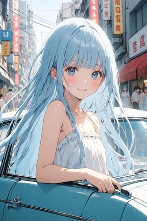 masterpiece, best quality, extremely detailed, (illustration, official art:1.1), 1 girl ,(((( light blue long hair)))), ,(((( light blue long hair)))),light blue hair, , long hair ((blush)) , cute face, masterpiece, best quality,(((((a very delicate and beautiful girl))))),Amazing,beautiful detailed eyes,blunt bangs((((little delicate girl)))),(((tareme))),droopy eyes.(true beautiful:1.2), sense of depth,dynamic angle,,,, affectionate smile, (true beautiful:1.2),,(tiny 1girl model:1.2),)(flat chest),masterpiece, best quality, beautiful detailed eyes, ultra-detailed, finely detail, highres, perfect anatomy, colorful, Pastel Colors, 1girl, solo, simple background, retro style, 1980s city pop, city pop anime, car, retoro style, 1980s fashion, cowboy shot, Kyoto Animation, sea, in summer, vivid colors
