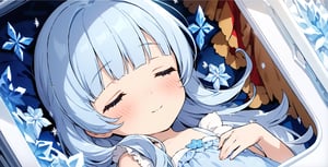 masterpiece, best quality, extremely detailed, (illustration, official art:1.1), 1 girl ,(((( light blue long hair)))), ,(((( light blue long hair)))),light blue hair, , long hair ((blush)) , cute face, masterpiece, best quality,(((((a very delicate and beautiful girl))))),Amazing,beautiful detailed eyes,blunt bangs((((little delicate girl)))),(((tareme))),droopy eyes.(true beautiful:1.2), sense of depth,dynamic angle,,,, affectionate smile, (true beautiful:1.2),,(tiny 1girl model:1.2),)(flat chest),(adolescence girl), (loli, petite), (white detailed princess dress with many frills), (close her eyes), (beautiful and detailed face), nice hands, perfect hands, (Inside the freezer, the princess lies in a peaceful slumber. She is surrounded by ice crystals, her beautiful face visible through a thin veil of ice.),(((Are sleeping,)))