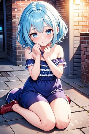Masterpiece, best quality, extremely detailed, (illustration, official art: 1.1), 1 girl, ((light blue hair))), light blue hair, 10 years old,  ((blush)), cute face, big eyes, masterpiece, best quality, ((a very delicate and beautiful girl)))), amazing, beautiful detailed eyes, blunt bangs (((little delicate girl)))), tareme (true beautiful: 1.2),Official art、Top quality ultra-detailed CG art、a beauty girl：１.２）、lightblue hair、Glossy hair、masterpiece,high quality,top view, ,sad,crying,cuddling,night,alley,trash bag,broken_clothes,metal rubbish_bin,brick wall,water,rubbish,ripple,street lamp,1girl, standing on the edge of a building, looking down, (((crying))), tears falling down her face, dystopia, 8k, high quality, detailed face, detailed hands, depressing, sad, raining outside, (((nighttime))),full body, sitting,