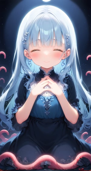 masterpiece, best quality, extremely detailed, (illustration, official art:1.1), 1 girl ,(((( light blue long hair)))), ,(((( light blue long hair)))),light blue hair, , long hair ((blush)) , cute face, big eyes, masterpiece, best quality,(((((a very delicate and beautiful girl))))),Amazing,beautiful detailed eyes,blunt bangs((((little delicate girl)))),tareme(true beautiful:1.2), sense of depth,dynamic angle,,,, affectionate smile, (true beautiful:1.2),,(tiny 1girl model:1.2),)(flat chest) ,A breathtaking scene unfolds as the moonlight casts a luminous glow on a deserted beach, painting the sky with a tapestry of twinkling stars. At the center of this ethereal moment, A young woman with long hair cascades sits in deep meditation. Its tranquil presence evokes a sense of inner peace and serenity amidst the vastness of the empty coast. The girl's silhouette stands out against the backdrop of darkness, his serene expression bathed in soft moonlight. Long pink tentacles of cascade down the back, intertwined with the gentle sea breeze that caresses his face. Your closed eyes indicate a deep connection to the universe, as if his own thoughts harmonized with the whispers of the ocean waves.((big moon )))