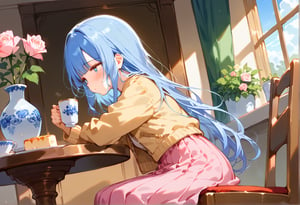 masterpiece, best quality, extremely detailed, (illustration, official art:1.1),,(((( light blue long hair)))),,((blush)) , cute face, masterpiece, best quality,(((((a very delicate and beautiful girl))))),Amazing,beautiful detailed eyes,blunt bangs((((little delicate girl)))),(((tareme))),droopy eyes.(true beautiful:1.2), sense of depth,dynamic angle,,,,  (true beautiful:1.2),,(tiny 1girl model:1.2),)(flat chest),(masterpiece:1.2), best quality,PIXIV,flot, 1girl, solo, sitting, long hair, flower, chair, food, pink flower, cup, holding, long sleeves, pink skirt, rose, skirt, jacket, table, rose, indoors, blush, bangs, plant, holding cup, yellow jacket, profile, coat, long skirt, vase、looking away,tears 