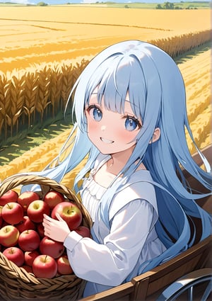 masterpiece, best quality, extremely detailed, (illustration, official art:1.1), 1 girl ,(((( light blue long hair)))), ,(((( light blue long hair)))),light blue hair, , long hair ((blush)) , cute face, masterpiece, best quality,(((((a very delicate and beautiful girl))))),Amazing,beautiful detailed eyes,blunt bangs((((little delicate girl)))),(((tareme))),droopy eyes.(true beautiful:1.2), sense of depth,dynamic angle,,,, affectionate smile, (true beautiful:1.2),,(tiny 1girl model:1.2),)(flat chest),(best quality:1.2), (ultra detailed:1.2), ultra high resolusion, highres,8k, Country roads, wheat fields, hoodless horse-drawn carriage, lying on a heap of apples piled up on a loading platform, grin, afternoon, apple basket, ,(masterpiece),scenery
