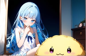 masterpiece, best quality, extremely detailed, (illustration, official art:1.1), 1 girl ,(((( light blue long hair)))), ,light blue hair, , long hair ((blush)) , cute face, masterpiece, best quality,(((((a very delicate and beautiful girl))))),Amazing,beautiful detailed eyes,blunt bangs((((little delicate girl)))),.(true beautiful), sense of depth,, ,(tiny 1girl model:1.2),)(flat chest),
satin nightgown,See-through,
(window, strong light,light leaks,shiny hair,deep shadows,Hard light),((She is sitting in front of the losion cabinet and applying makeup.)),,,,,
break
indoors, room, purple and white stripe printed wall, cute design room, cushion, cuddly toy,mirror