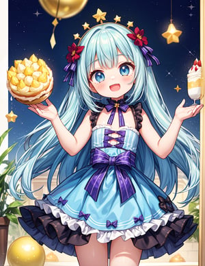 masterpiece, best quality, extremely detailed, (illustration, official art:1.1),adorable face、 1 girl ,(((( light blue long hair)))),pale blue hair,, long hair ((blush)) , cute face, big eyes, masterpiece, best quality,(((((a very delicate and beautiful girl))))),Amazing,beautiful detailed eyes,blunt bangs((((little delicate girl)))),tareme(true beautiful:1.2), sense of depth,dynamic angle,,,, affectionate smile, (true beautiful:1.2),,(tiny 1girl model:1.2),)(flat chest)、(8k, RAW photo, best quality, masterpiece, highres, absurdres, ultra detailed: 1.3), (Photography, realistic, photo-realistic: 1.4), (beautiful natural lighting,  beautiful detailed glow: 1.4),

BREAK 1 beautiful girl, (Cute: 1.5), (Chibi: 0.5), (kawaii: 2), (change: 2), , (Solo: 1.65), BREAK, (flat chest), Clear skin, , (, long eyelashes, Double eyelids: 1.4), Shiny skin, BREAK, , (curious look, blush: 1.45), ((((head tilt:1.2)))),(embarrassed),

BREAK

, (,cute blue cakes are placed on the table in front of the girl.)),
, (cowboy shot, ), (best quality, masterpiece, ultra high res), (smile:1.3), 1girl, happy birthday,her gaze full of genuine joy, party decorations in the background, sound of laughter and merriment filling the air, her figure framed by the festive atmosphere, a radiant smile that lights up her face, hint of joy and excitement in her stance, her eyes sparkling with happiness, the flowers in her hands a pop of color against her meid style, atmosphere of pure celebration and joy, her figure standing out amidst the celebration, the focus of everyone's well-wishes and blessings, an image of pure jubilation and celebration, a picture of the joyous side of life, welcoming the festive spirit with open arms, her radiance matching the cheerful atmosphere, her happy demeanor contagious, a beautiful moment of joy and celebration,
